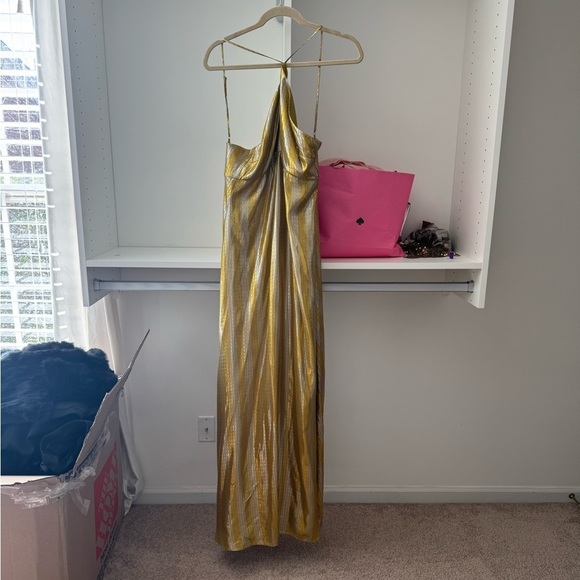 Ramy Brook- NWT Gold Stripe Metallic Cross Front Sleeveless Maxi Cocktail Dress - Picture 6 of 6